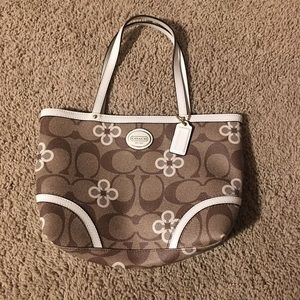 Coach Mini Tote Signature Print Beige and White